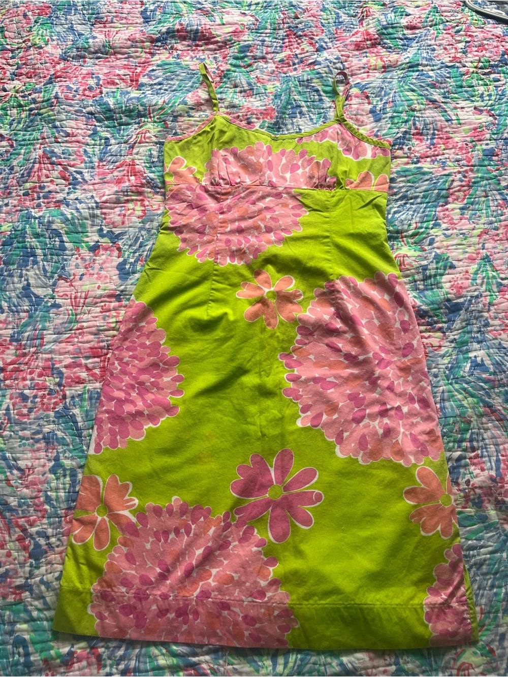 Vintage Lilly Pullizer Women’s Lime Green Dress with Pink Floral Print